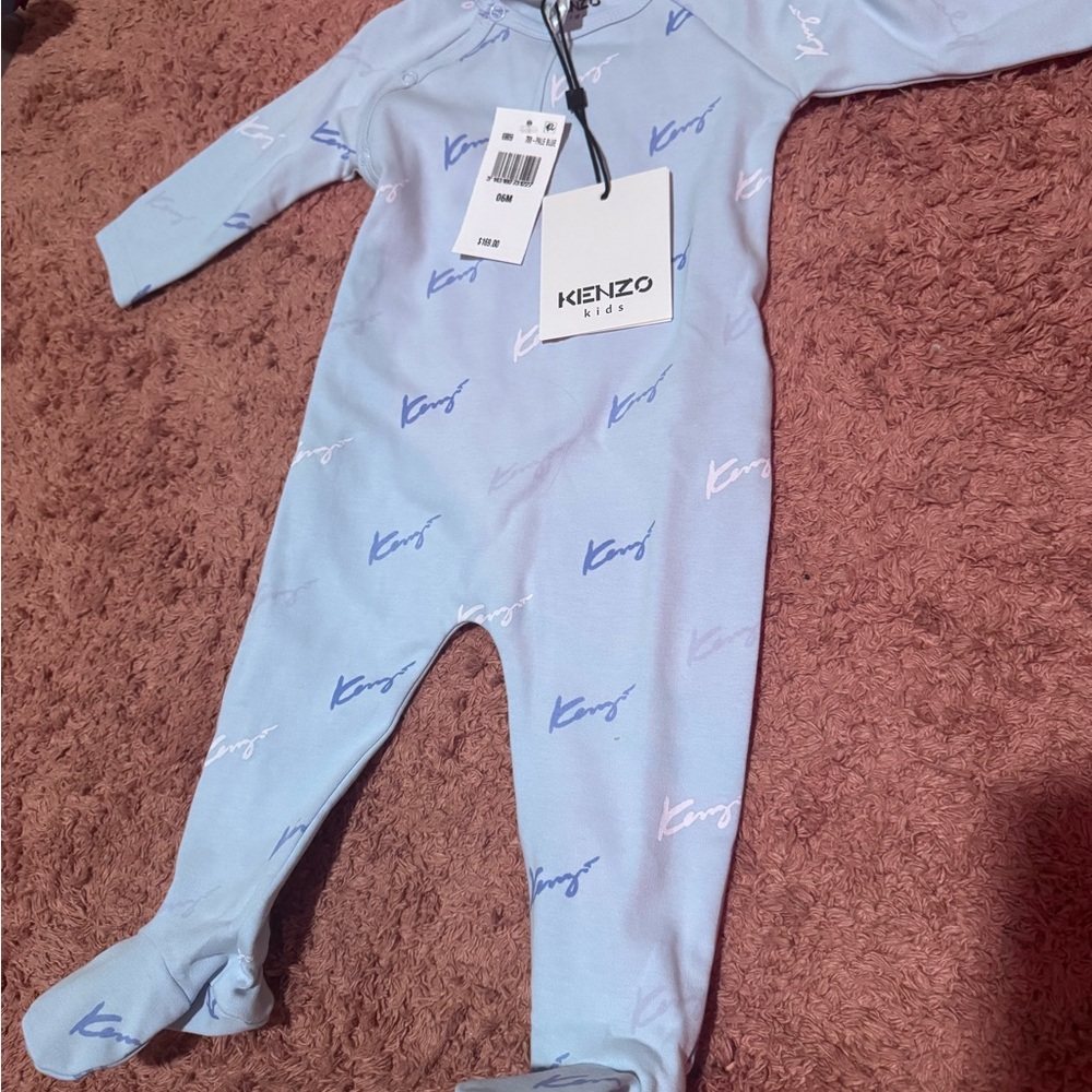 Kenzo Kids Light Blue Logo Footed One-Piece with Navy & White Accents